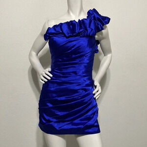 By Light In The Box Blue One Shoulder Ruffle Ruched Mini Dress Size S